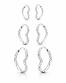 Juego de Aretes de Plata con Diseño de Aro de Corazón Retorcido, tamaños 1.5, 1.7 y 2.0 cm.